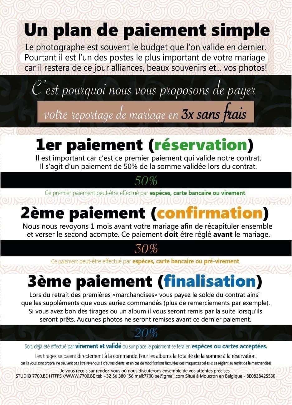 Tarif 2018 des reportages de mariages du STUDIO 7700.BE Pour tous renseignements n'hésitez pas à nous contacter et prendre rendez-vous: c'est gratuit et sans engagement!!!